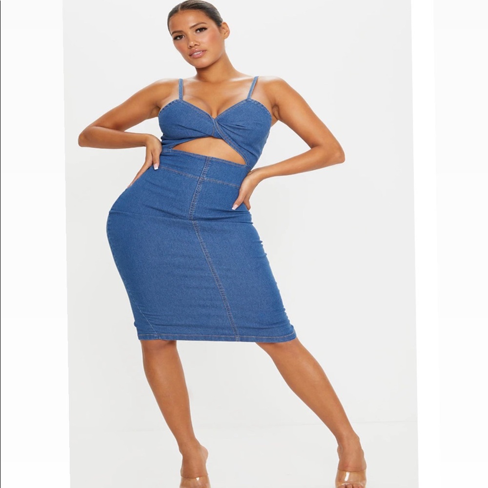 Pretty little thing Shaped mid blue wash denim twist front midi dress